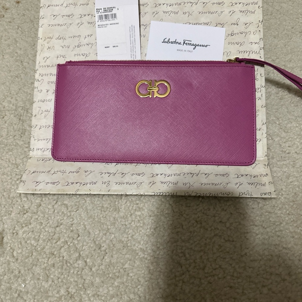 Salvatore Ferragamo Fuchsia Leather Wristlet Clutch with Gold Gancini